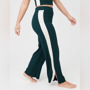 Aerie Ribbed Green and White Stripe Wide-Leg Pants with Bottom Slit